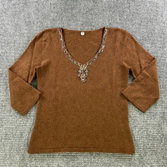 Margaret O'Leary Sweaters - Margaret OLeary 100% Cashmere Brown V-Neck Sweater Beaded Embellishment Womens